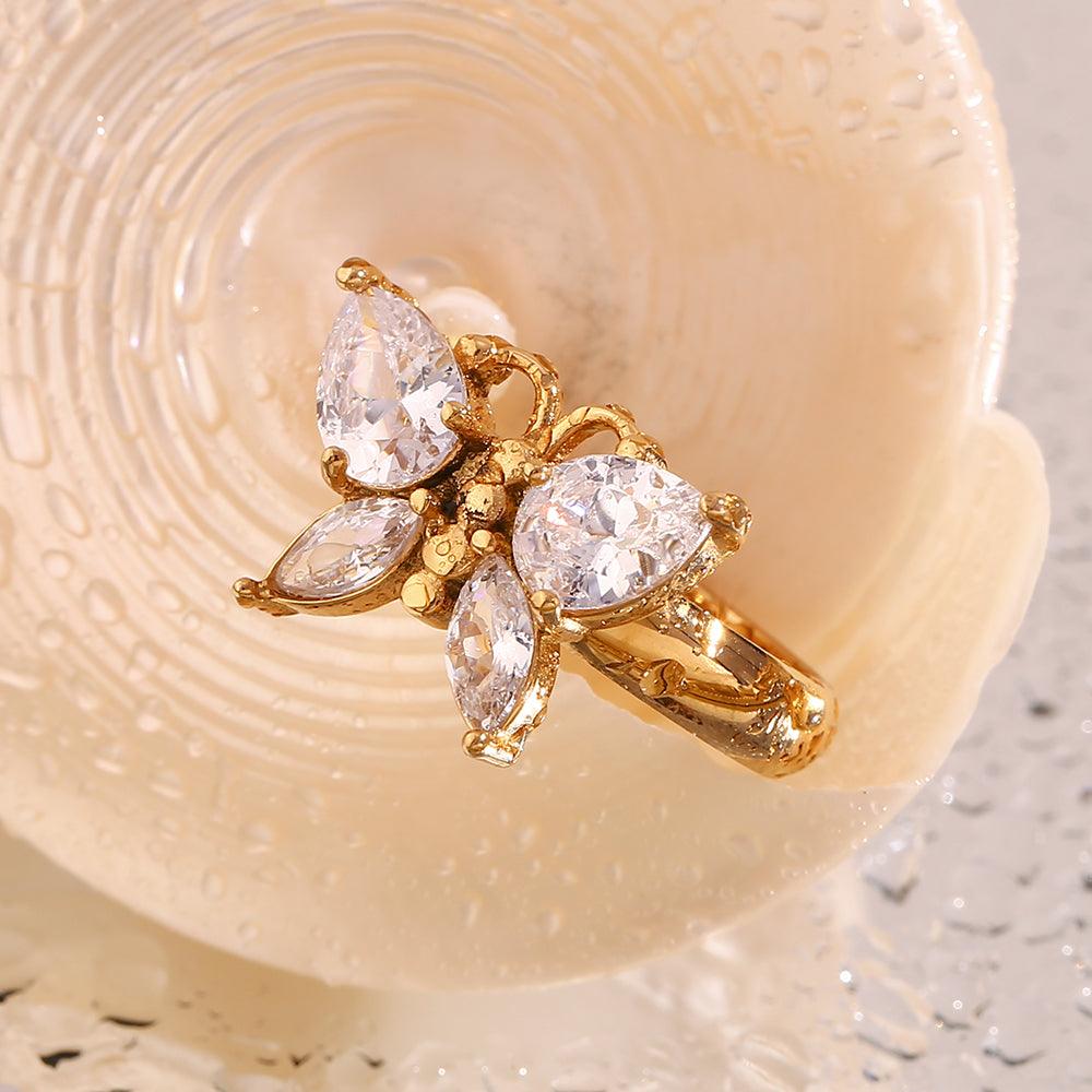 Wholesale Elegant Basic Classic Style Butterfly Stainless Steel Plating Inlay Zircon 18K Gold Plated Rings - coojewelry