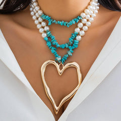 Wholesale Elegant Exaggerated Heart Shape Pearl Turquoise Beaded Alloy Necklace for Women - coojewelry