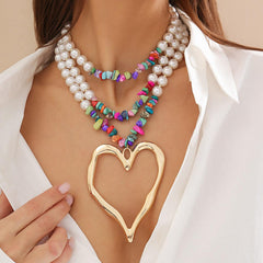 Wholesale Elegant Exaggerated Heart Shape Pearl Turquoise Beaded Alloy Necklace for Women - coojewelry