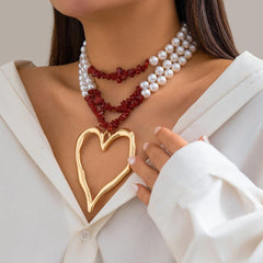 Wholesale Elegant Exaggerated Heart Shape Pearl Turquoise Beaded Alloy Necklace for Women - coojewelry