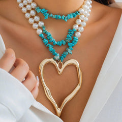 Wholesale Elegant Exaggerated Heart Shape Pearl Turquoise Beaded Alloy Necklace for Women - coojewelry