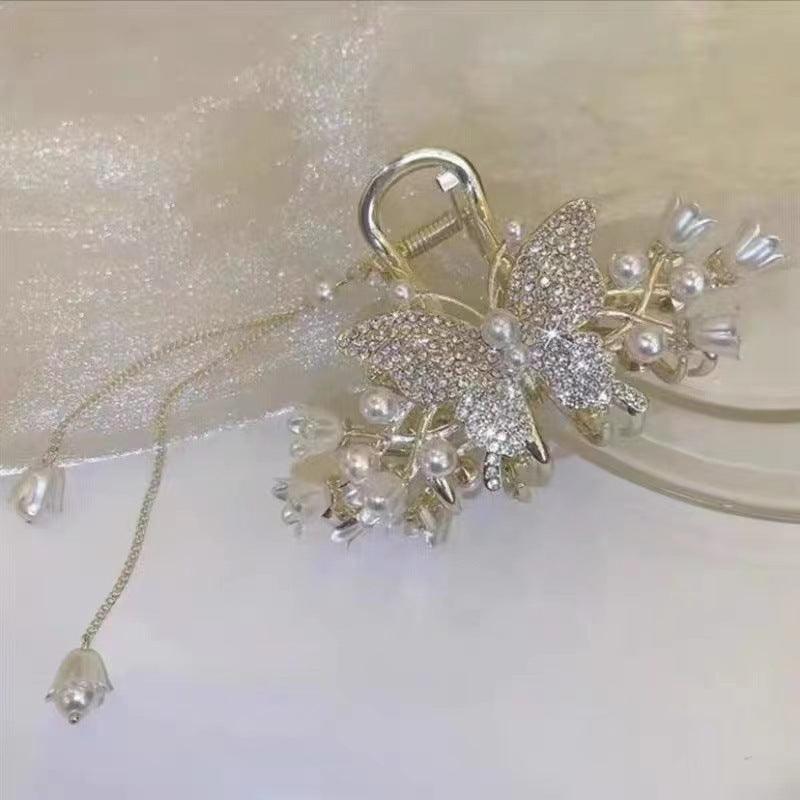 Wholesale Elegant Fashion Tassel Butterfly Alloy Artificial Gemstones Pearls Hair Clip - coojewelry