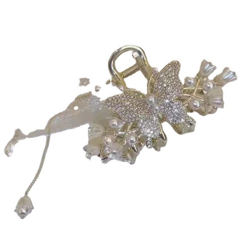 Wholesale Elegant Fashion Tassel Butterfly Alloy Artificial Gemstones Pearls Hair Clip - coojewelry