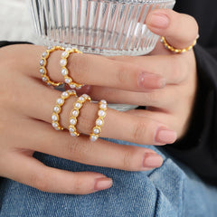 Wholesale Elegant Lady Baroque Style Geometric Titanium Steel Plating Inlay Artificial Pearls 18K Gold Plated Rings - coojewelry