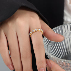 Wholesale Elegant Lady Baroque Style Geometric Titanium Steel Plating Inlay Artificial Pearls 18K Gold Plated Rings - coojewelry