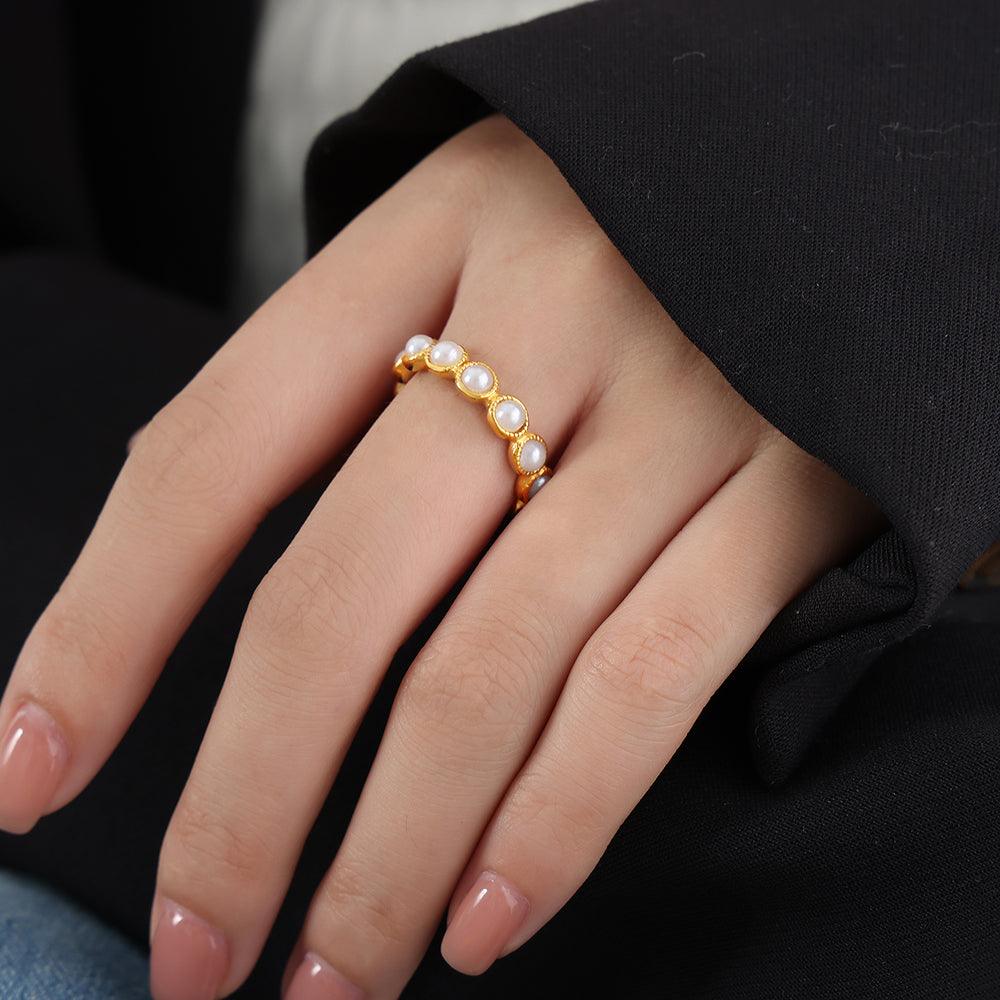 Wholesale Elegant Lady Baroque Style Geometric Titanium Steel Plating Inlay Artificial Pearls 18K Gold Plated Rings - coojewelry