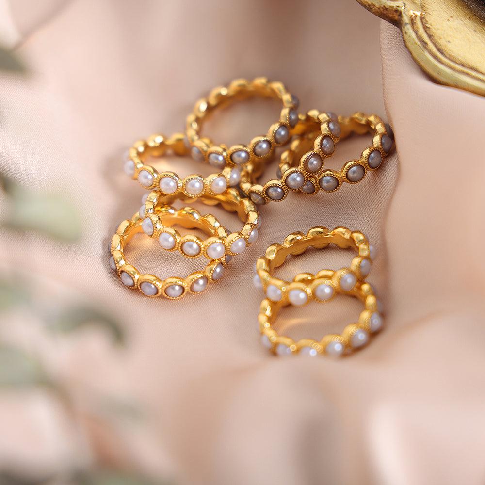 Wholesale Elegant Lady Baroque Style Geometric Titanium Steel Plating Inlay Artificial Pearls 18K Gold Plated Rings - coojewelry