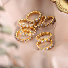 Wholesale Elegant Lady Baroque Style Geometric Titanium Steel Plating Inlay Artificial Pearls 18K Gold Plated Rings - coojewelry