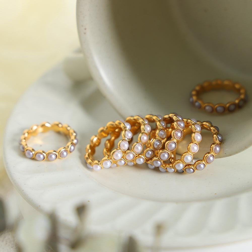 Wholesale Elegant Lady Baroque Style Geometric Titanium Steel Plating Inlay Artificial Pearls 18K Gold Plated Rings - coojewelry