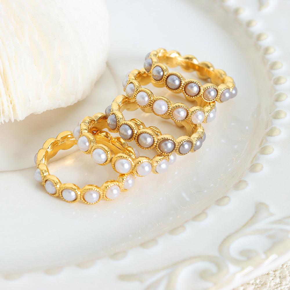 Wholesale Elegant Lady Baroque Style Geometric Titanium Steel Plating Inlay Artificial Pearls 18K Gold Plated Rings - coojewelry