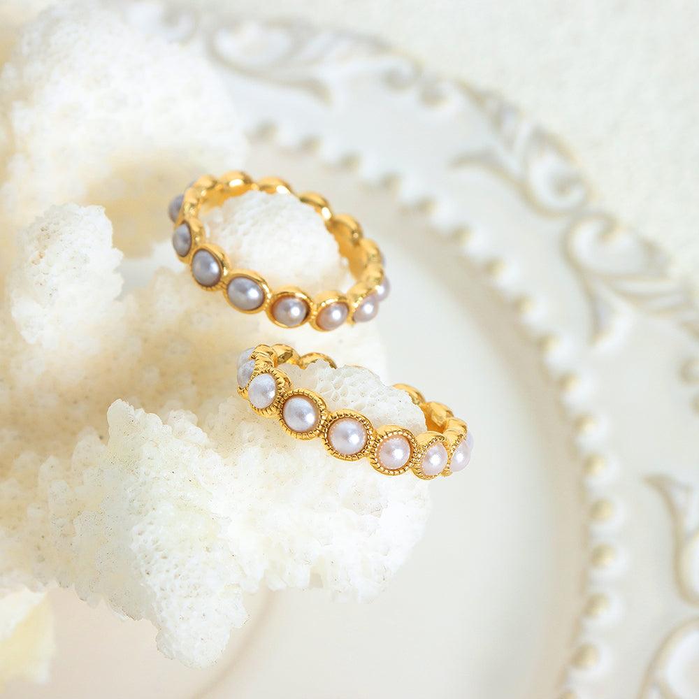 Wholesale Elegant Lady Baroque Style Geometric Titanium Steel Plating Inlay Artificial Pearls 18K Gold Plated Rings - coojewelry
