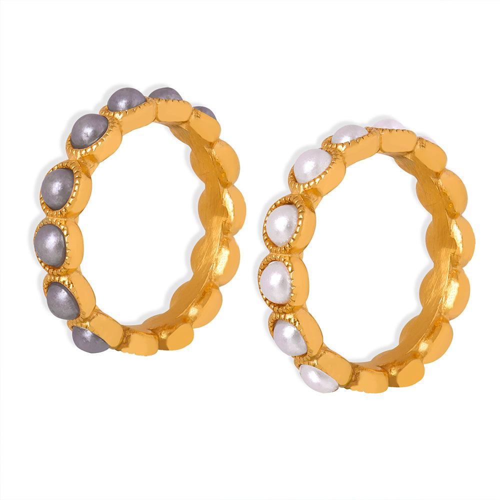 Wholesale Elegant Lady Baroque Style Geometric Titanium Steel Plating Inlay Artificial Pearls 18K Gold Plated Rings - coojewelry