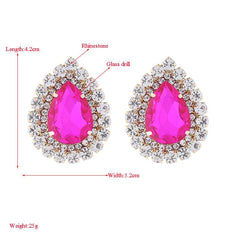 Wholesale Elegant Luxurious Shiny Water Droplet Inlay Alloy Rhinestones Glass Stone Gold Plated Ear Studs - coojewelry