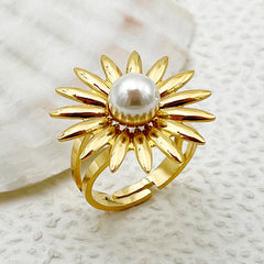 Wholesale Elegant Sweet Commute Flower Stainless Steel Open Rings  Gold Plated with Pearl Inlay - coojewelry