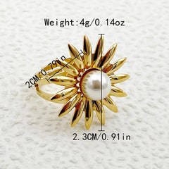 Wholesale Elegant Sweet Commute Flower Stainless Steel Open Rings  Gold Plated with Pearl Inlay - coojewelry