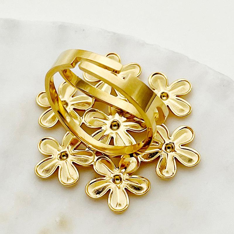 Wholesale Elegant Sweet Flower Stainless Steel Open Rings Gold Plated - coojewelry