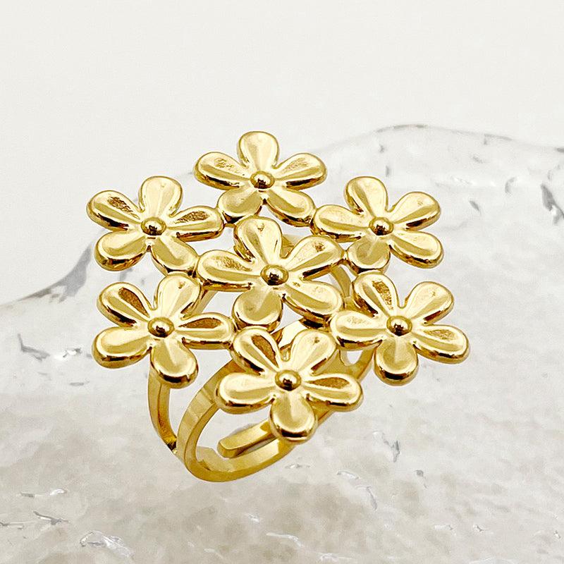 Wholesale Elegant Sweet Flower Stainless Steel Open Rings Gold Plated - coojewelry