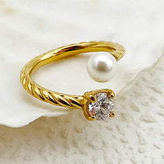 Wholesale Elegant Sweet Roman Style Stainless Steel Rings Gold Plated with Pearl Zircon Inlays - coojewelry
