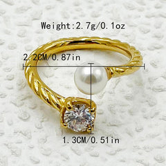 Wholesale Elegant Sweet Roman Style Stainless Steel Rings Gold Plated with Pearl Zircon Inlays - coojewelry