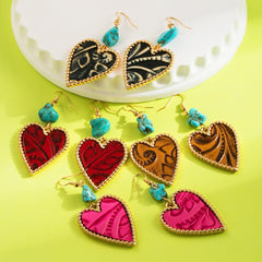 Wholesale Elegant Vintage Style Heart Shape Inlay Alloy Artificial Leather Turquoise Drop Earrings - coojewelry