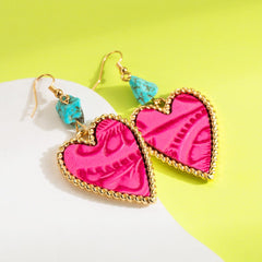 Wholesale Elegant Vintage Style Heart Shape Inlay Alloy Artificial Leather Turquoise Drop Earrings - coojewelry