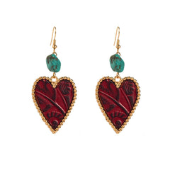 Wholesale Elegant Vintage Style Heart Shape Inlay Alloy Artificial Leather Turquoise Drop Earrings - coojewelry