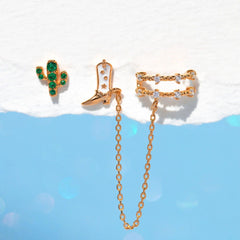 Wholesale Ethnic Style Cactus Tassel Sterling Silver Zircon 18K Gold Plated Drop Earrings Piece - coojewelry