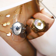 Wholesale Hip-hop Retro Hexagram Titanium Steel Open Rings  18K Gold Plated with Shell Inlay - coojewelry
