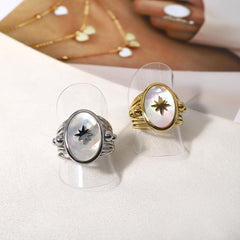 Wholesale Hip-hop Retro Hexagram Titanium Steel Open Rings  18K Gold Plated with Shell Inlay - coojewelry