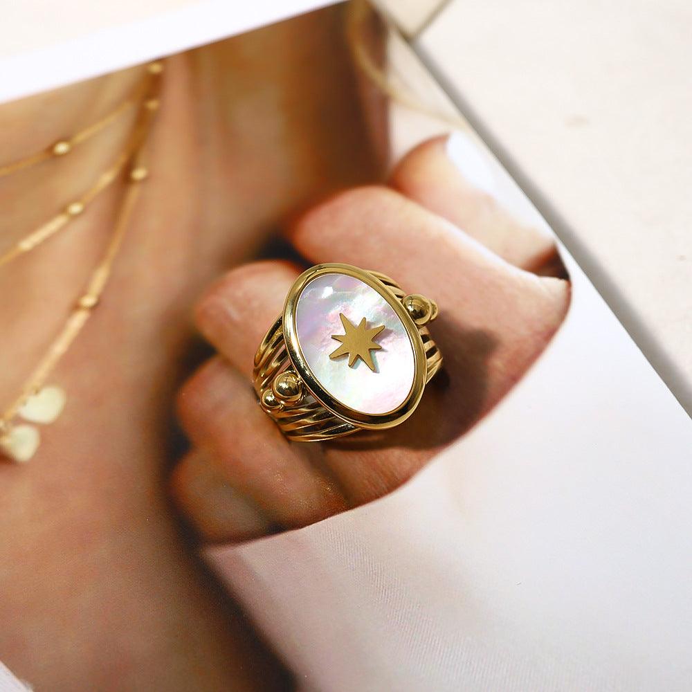 Wholesale Hip-hop Retro Hexagram Titanium Steel Open Rings  18K Gold Plated with Shell Inlay - coojewelry