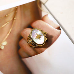 Wholesale Hip-hop Retro Hexagram Titanium Steel Open Rings  18K Gold Plated with Shell Inlay - coojewelry