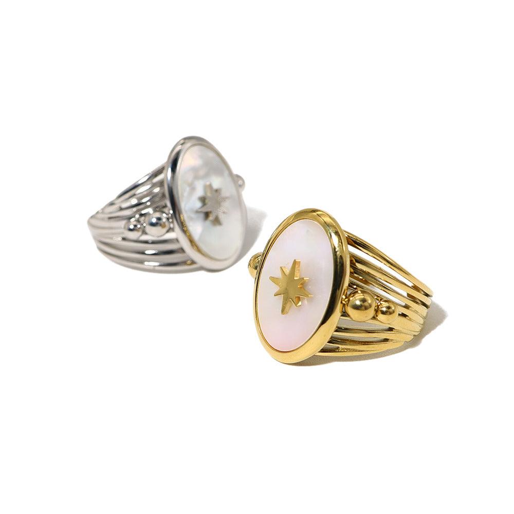 Wholesale Hip-hop Retro Hexagram Titanium Steel Open Rings  18K Gold Plated with Shell Inlay - coojewelry