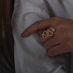 Wholesale Hip-hop Rock Punk Snake Titanium Steel Open Rings  18K Gold Plated with Rhinestone Inlays - coojewelry