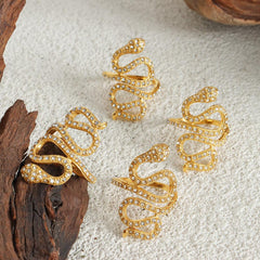 Wholesale Hip-hop Rock Punk Snake Titanium Steel Open Rings  18K Gold Plated with Rhinestone Inlays - coojewelry