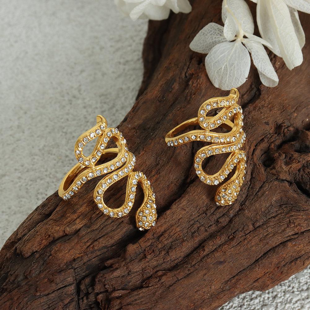 Wholesale Hip-hop Rock Punk Snake Titanium Steel Open Rings  18K Gold Plated with Rhinestone Inlays - coojewelry
