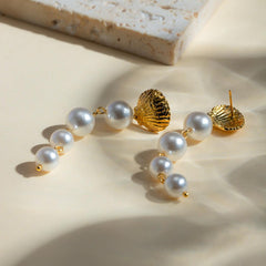 Wholesale IG Style Beach Shell Pearl 304 Stainless Steel 18K Gold Plated Drop Earrings for Trendy Women - coojewelry