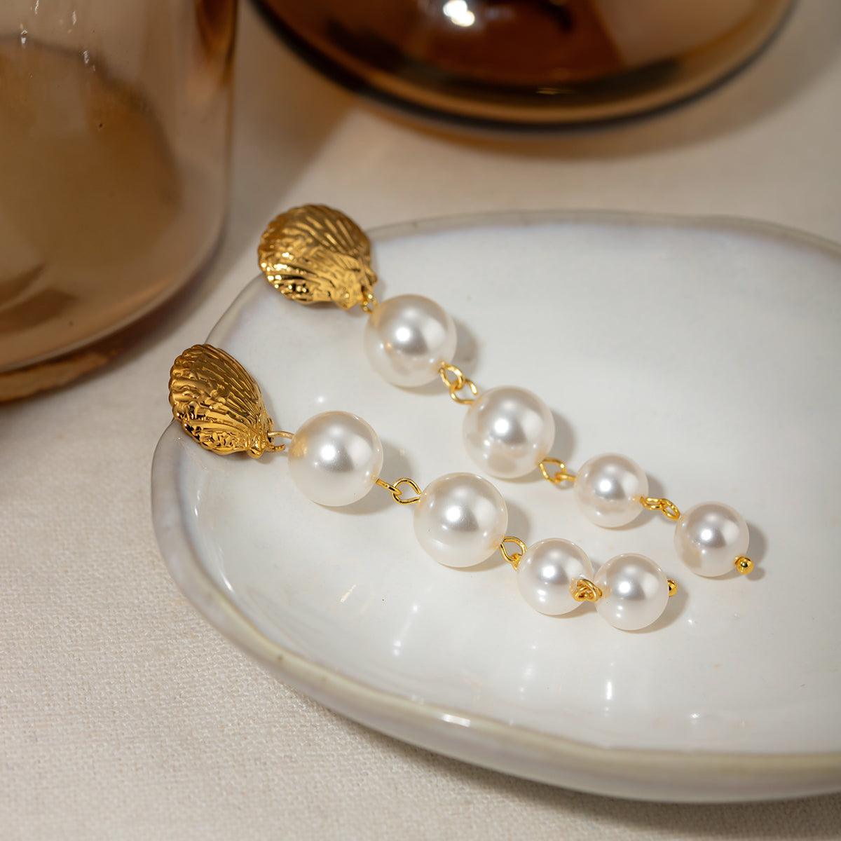Wholesale IG Style Beach Shell Pearl 304 Stainless Steel 18K Gold Plated Drop Earrings for Trendy Women - coojewelry