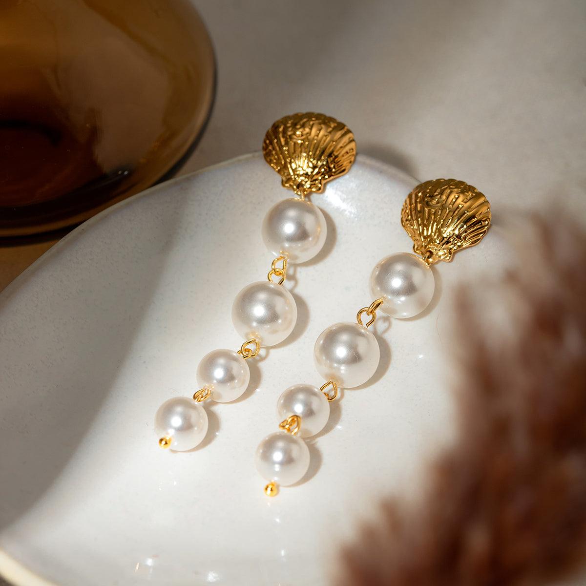 Wholesale IG Style Beach Shell Pearl 304 Stainless Steel 18K Gold Plated Drop Earrings for Trendy Women - coojewelry