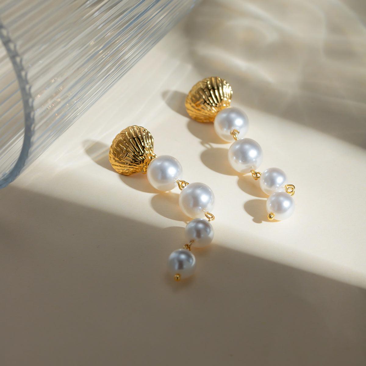 Wholesale IG Style Beach Shell Pearl 304 Stainless Steel 18K Gold Plated Drop Earrings for Trendy Women - coojewelry