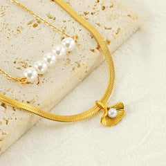 Wholesale IG Style Elegant Geometric Stainless Steel Plating Inlay Artificial Pearls 18K Gold Plated Layered Necklaces - coojewelry