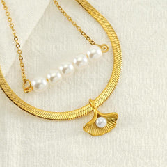 Wholesale IG Style Elegant Geometric Stainless Steel Plating Inlay Artificial Pearls 18K Gold Plated Layered Necklaces - coojewelry