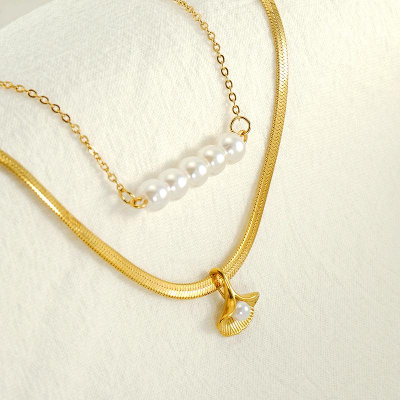 Wholesale IG Style Elegant Geometric Stainless Steel Plating Inlay Artificial Pearls 18K Gold Plated Layered Necklaces - coojewelry