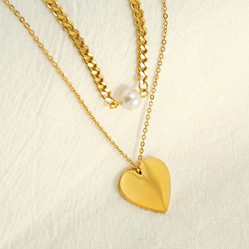 Wholesale IG Style Elegant Geometric Stainless Steel Plating Inlay Artificial Pearls 18K Gold Plated Layered Necklaces - coojewelry