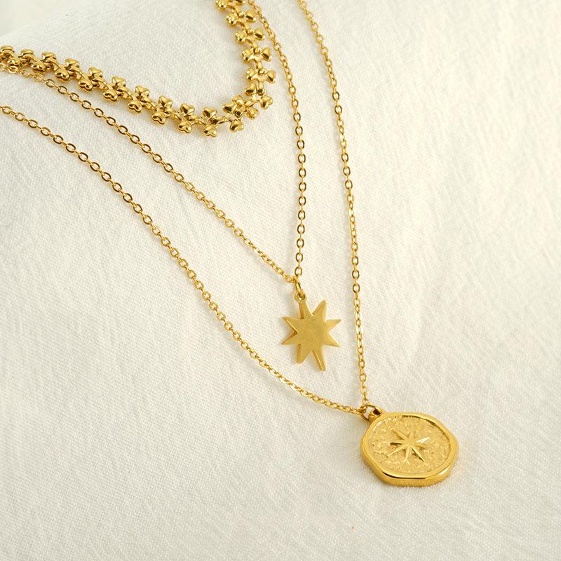 Wholesale IG Style Elegant Geometric Stainless Steel Plating Inlay Artificial Pearls 18K Gold Plated Layered Necklaces - coojewelry