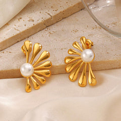 Wholesale IG Style Flower Asymmetrical Inlay 304 Stainless Steel Artificial Pearls 18K Gold Plated Ear Studs - coojewelry