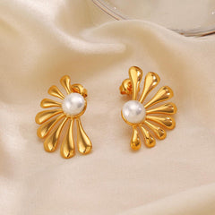 Wholesale IG Style Flower Asymmetrical Inlay 304 Stainless Steel Artificial Pearls 18K Gold Plated Ear Studs - coojewelry