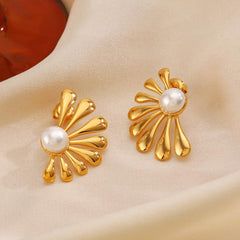 Wholesale IG Style Flower Asymmetrical Inlay 304 Stainless Steel Artificial Pearls 18K Gold Plated Ear Studs - coojewelry