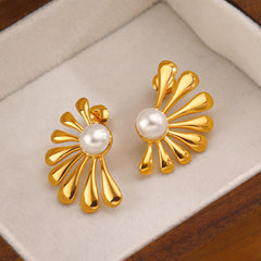 Wholesale IG Style Flower Asymmetrical Inlay 304 Stainless Steel Artificial Pearls 18K Gold Plated Ear Studs - coojewelry