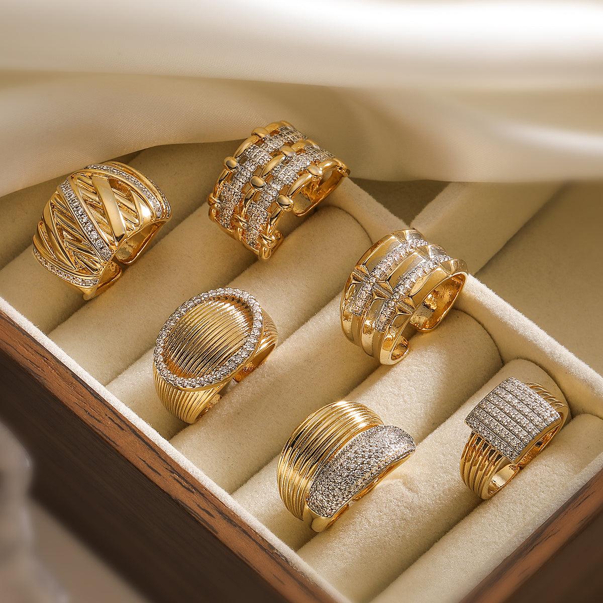 Wholesale IG Style Geometric Solid Color Copper Inlay 18K Gold Plated Zircon Open Rings - coojewelry