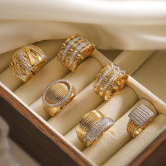 Wholesale IG Style Geometric Solid Color Copper Inlay 18K Gold Plated Zircon Open Rings - coojewelry